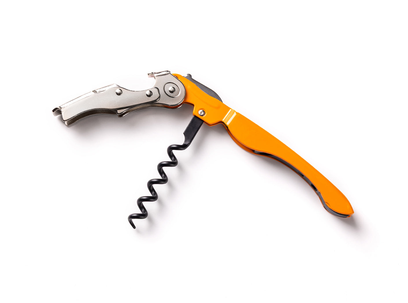 Wine opener with orange handle and silver lever on a white background