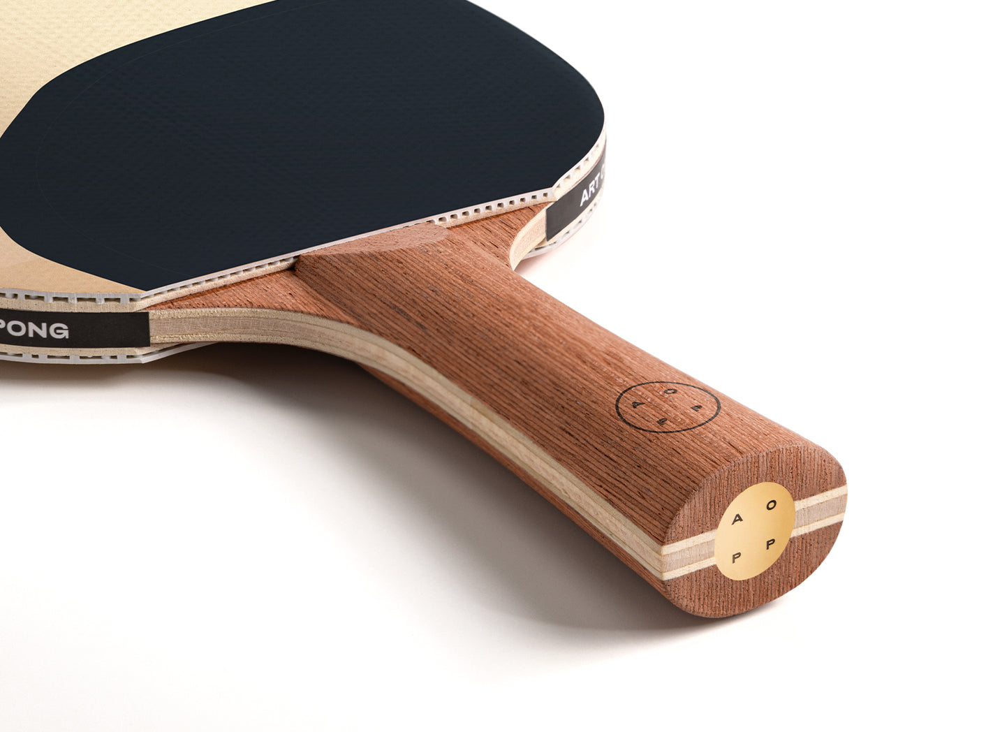 Table tennis paddle with black rubber and wooden handle and a brass disc in base on a white background
