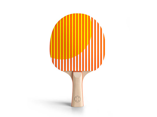 Ping pong paddle with red and yellow striped design on a white background