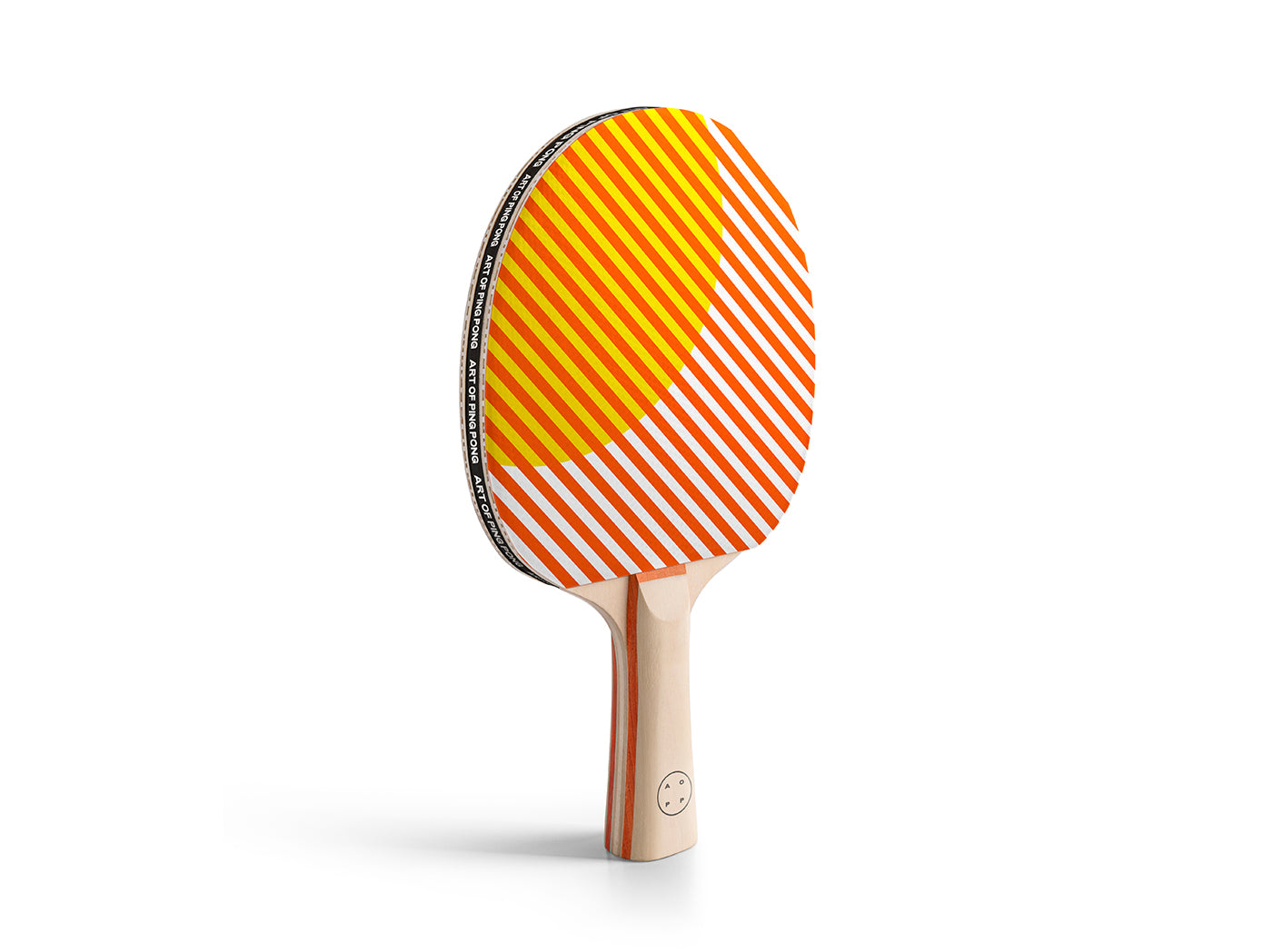 Table tennis paddle with orange and white striped design on a white background
