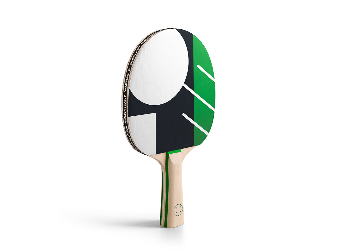 ITTF Centenary table tennis bat with geometric black, green and white rubber design and natural wood handle on white background.