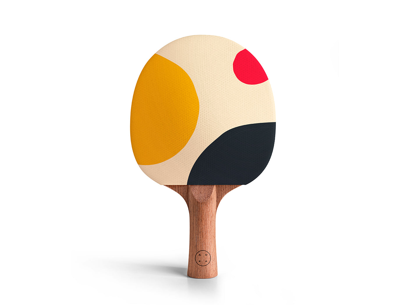 Colorful ping pong paddle with a wooden handle on a white background