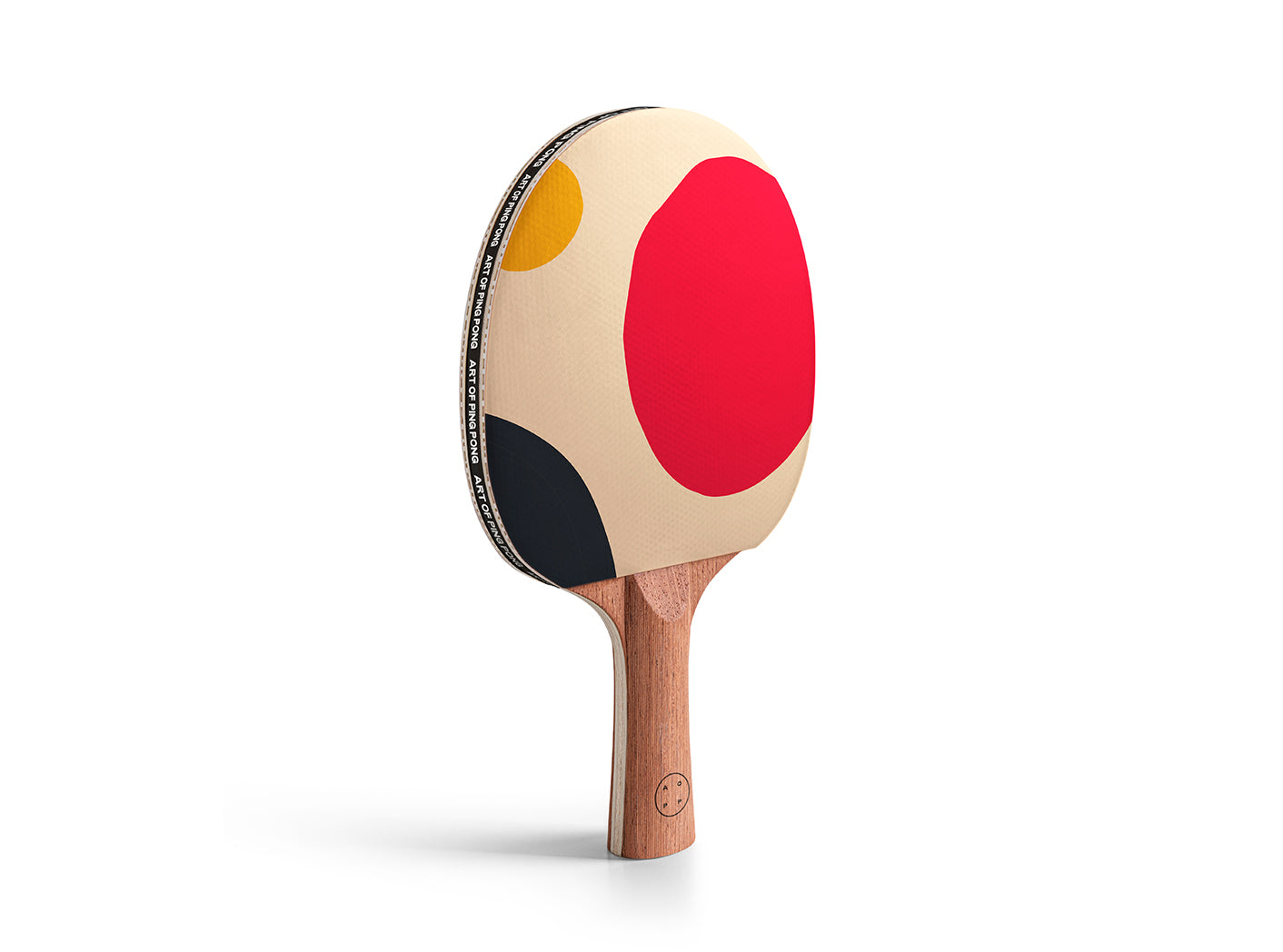 Ping pong paddle with a red and yellow design on a white background