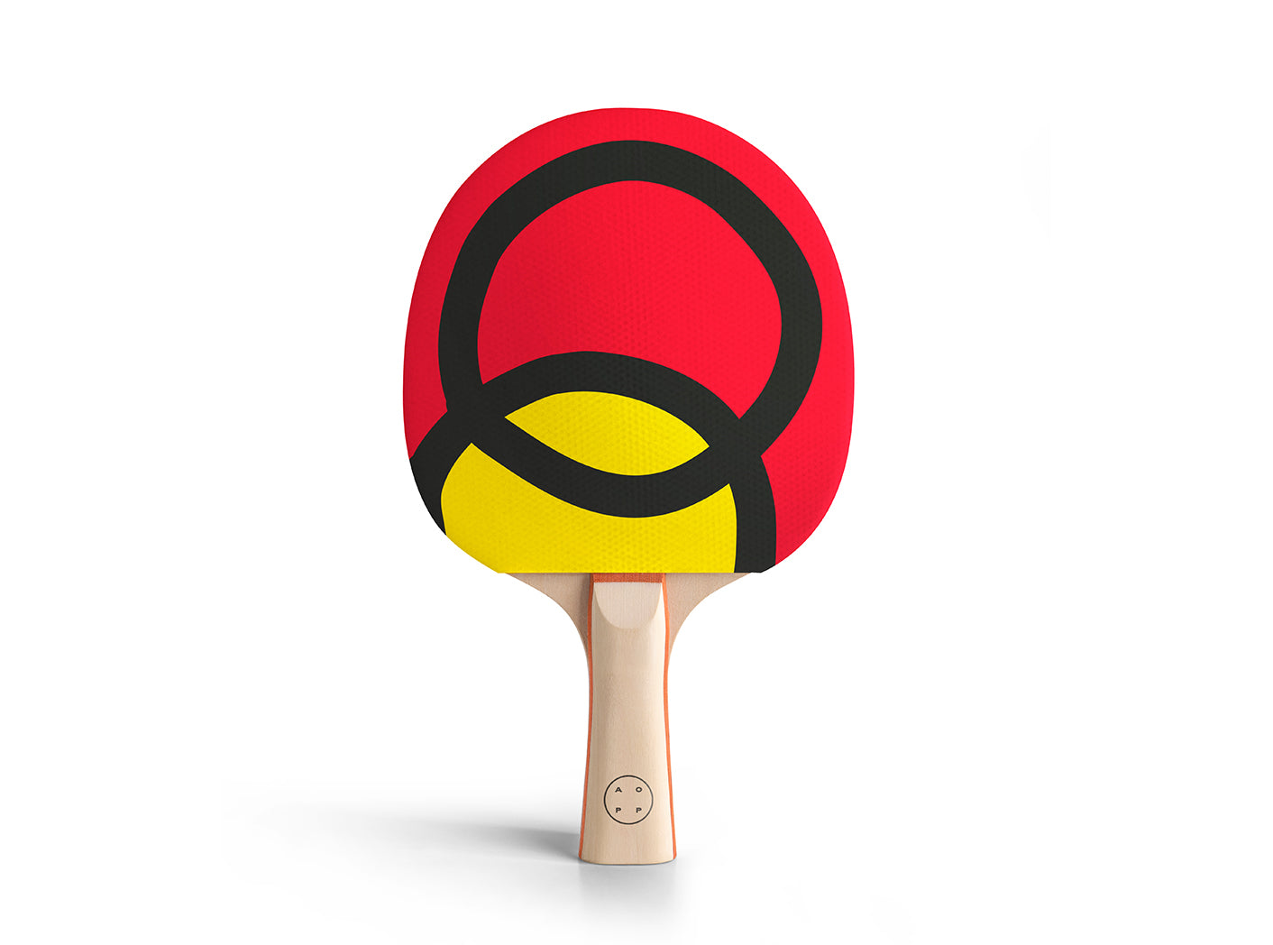 Ping pong paddle with red, yellow, and black design on a white background