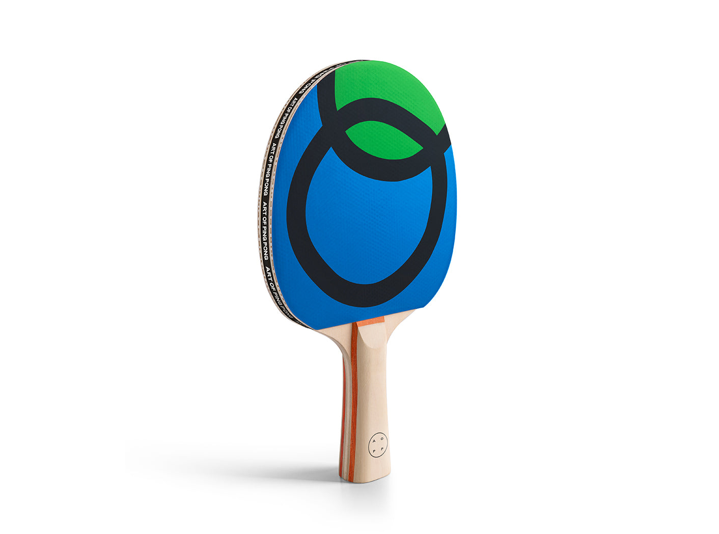 Table tennis paddle with blue, green, and black design on a white background