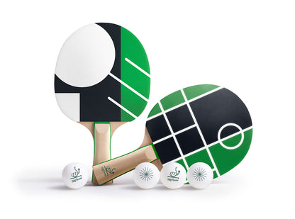 ITTF Centenary bat set with two geometric design ping pong bats in green, black and white, displayed with four branded table tennis balls.