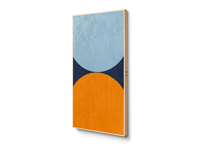 ArtTable art piece with blue and orange shapes on a white background