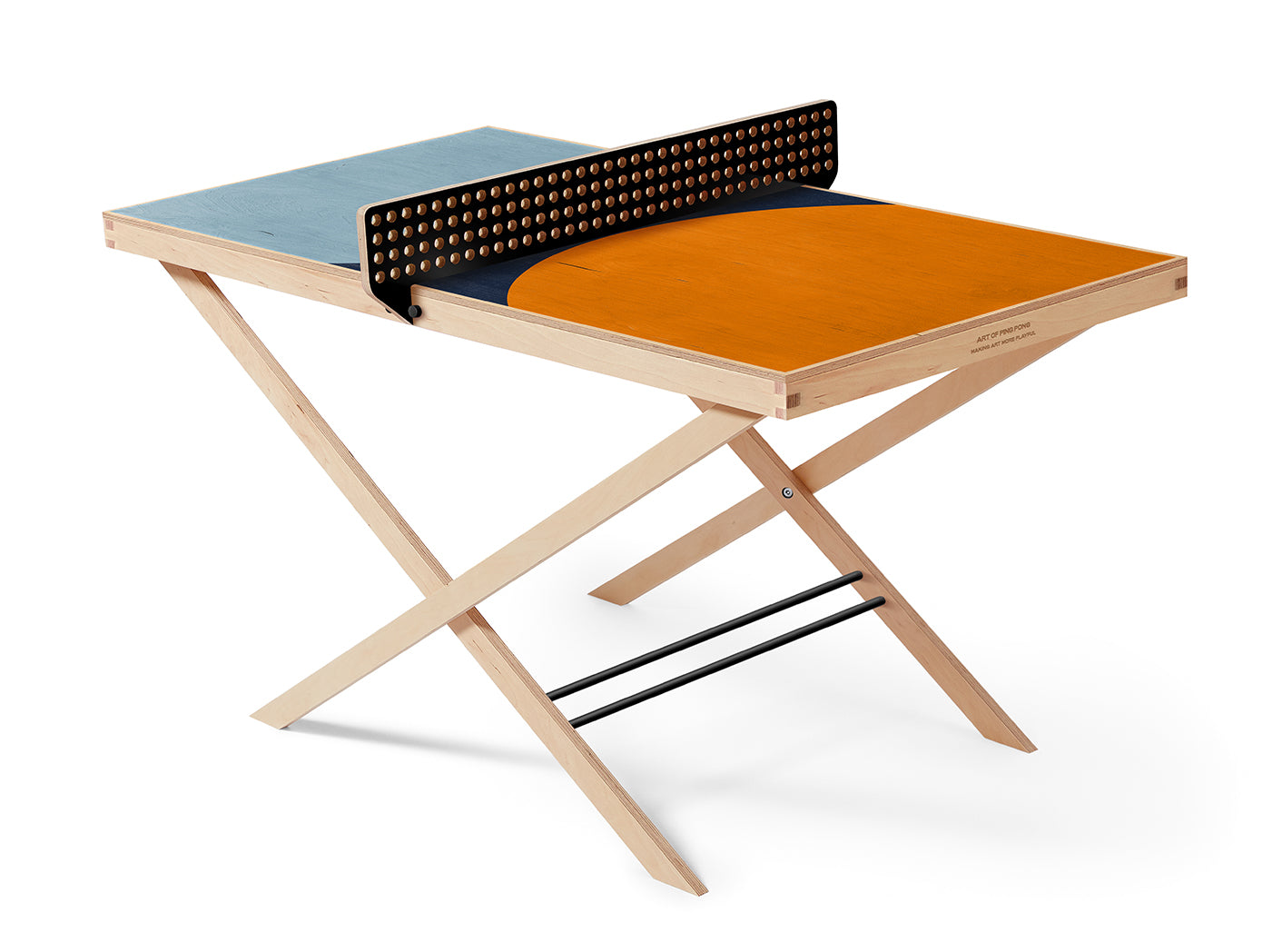 Two-tone ping pong table with blue and orange surface on a white background