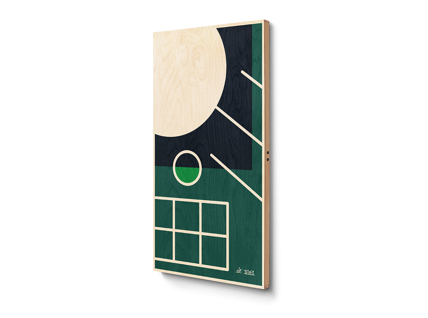 ITTF Centenary ArtTable wall-mounted ping pong table shown at angle as geometric artwork with green, black and natural wood finish.