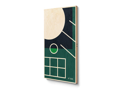 ITTF Centenary ArtTable wall-mounted ping pong table shown at angle as geometric artwork with green, black and natural wood finish.