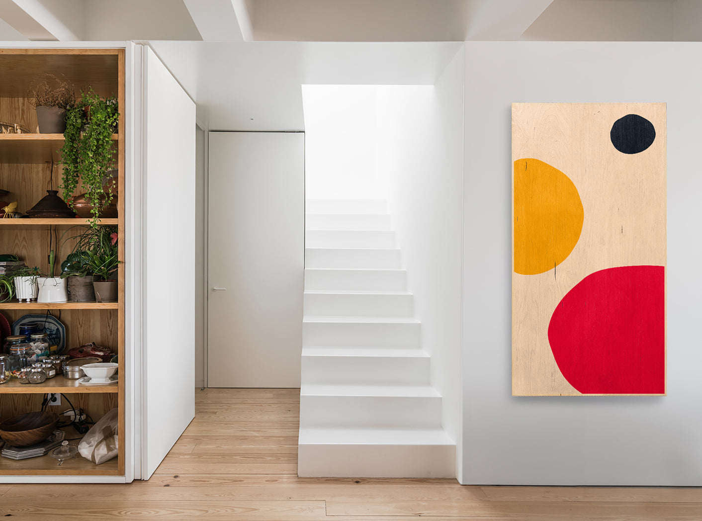Modern interior with a white wardrobe, wooden shelf, and abstract wall mountable ping pong table.